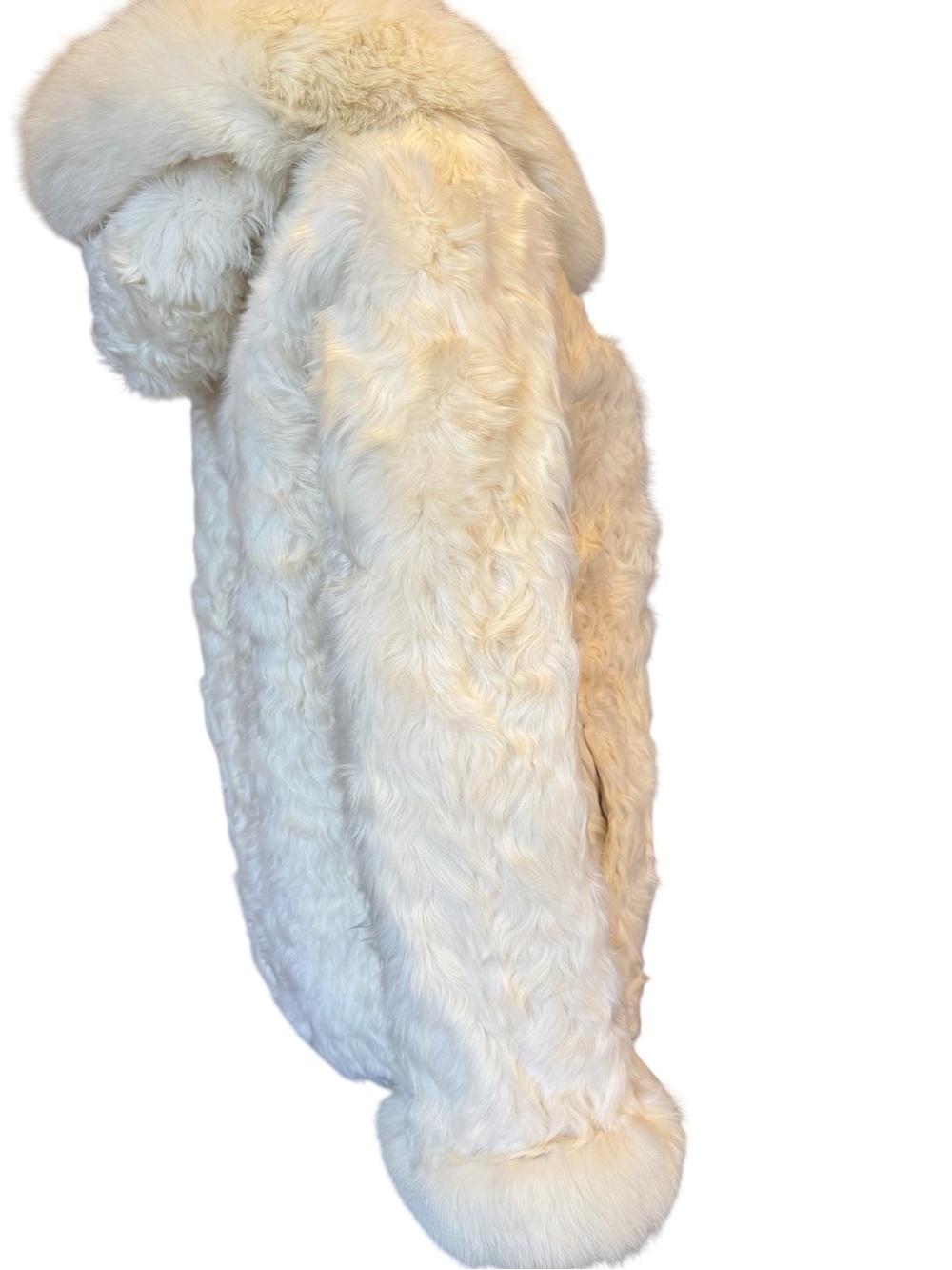 Luxury white curly sheep fur coat jacket with arctic fox hood - Picture 6 of 17
